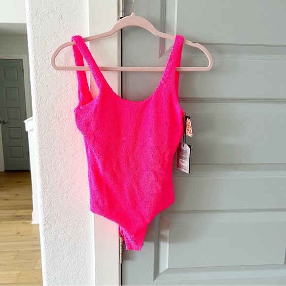 NWT Free People It’s Now Cool Low Back One Piece Swimsuit Neon Pink Crimp - Picture 4 of 7